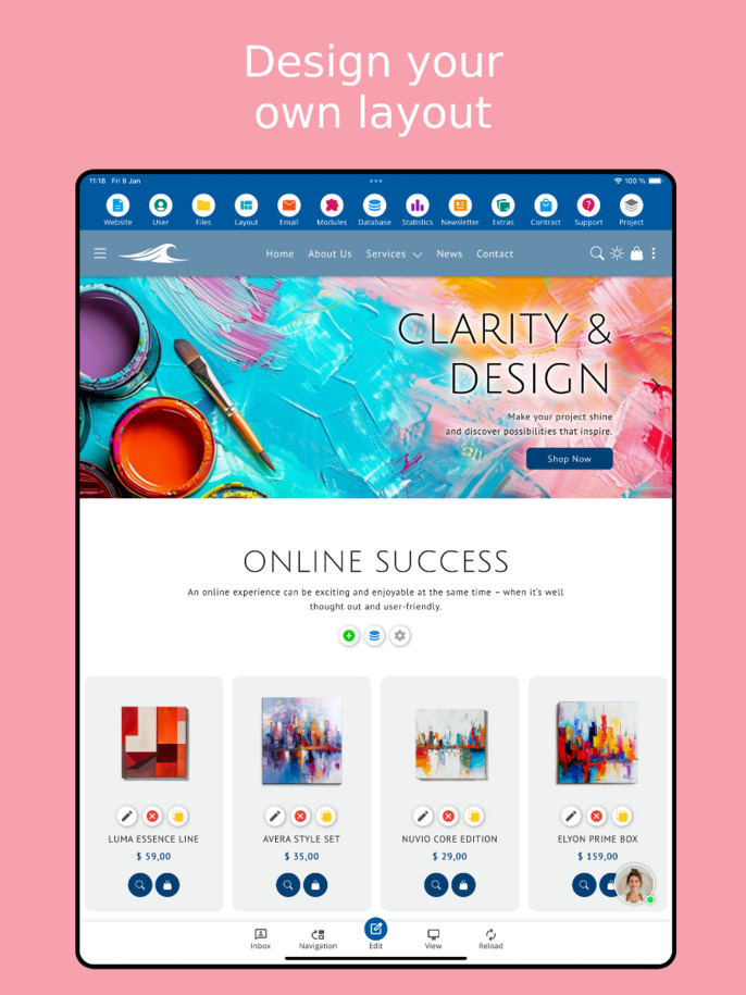 Layout editor of the Website Builder App – Tablet view